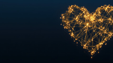 Glowing heart network composed of golden light nodes and connecting lines expressing digital