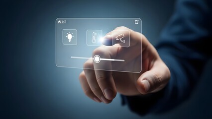 Hand Interacting with a Futuristic Digital Interface Displaying Icons for Ideas, Control, and Connectivity