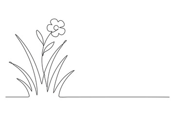 Continuous line drawing of flower in grass, vector illustration with copy space