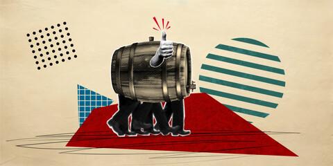 Contemporary halftone pop art collage of anonymous male legs carrying a huge keg of beer and a hand giving a thumbs up gesture during an evening visit to a pub and drinking alcohol; glass with drink; 