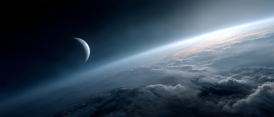 Fototapeta premium Planet Earth from outer space with the Moon visible in the distance, curved Earth horizon with detailed clouds, oceans and glowing blue atmosphere, deep star-fill