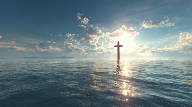 A solitary cross stands in the water, bathed in sunlight. The scene depicts water, sky, and sun. Light reflects in the water