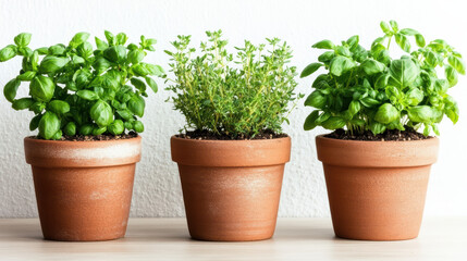 Fototapeta premium Potted basil potted thyme herb pot terracotta pot indoor herb fresh basil fresh thyme kitchen