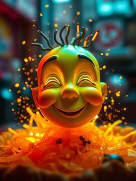 Neon gleam on tiny face, a joyful culinary explosion with macro precision,  spoon-fed,  vibrant
