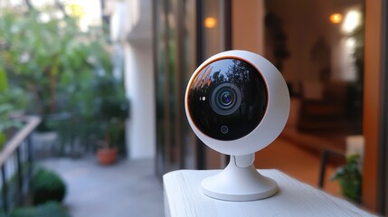 Modern Indoor Smart Home Security Camera on Table with Blurred Background