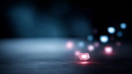 A futuristic close-up of glowing digital icons representing social media reactions and notifications, neon pink and blue symbols floating above a dark blurred background, shallow d