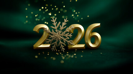A stylish festive banner featuring bold 2026 numbers with a metallic gold snowflake centerpiece, set against a rich dark green background, scattered golden particles adding motion