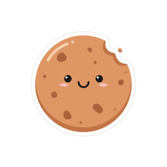 A cartoon cookie with a bite taken, smiling face and chocolate chips in a simple illustration style