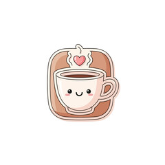 A cartoon coffee cup with a smiley face and heart-shaped steam rising from it on a brown background