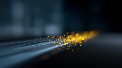 A stylish cinematic visualization of a progress bar transitioning from 2025 into 2026, composed of shimmering gold dots and light particles flowing forward, dark navy blue backgrou