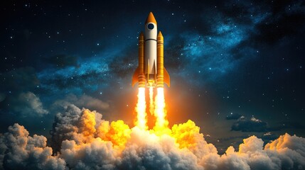 Obraz premium Minimal Rocket Launch Icon on Blue Background Representing Startup Growth