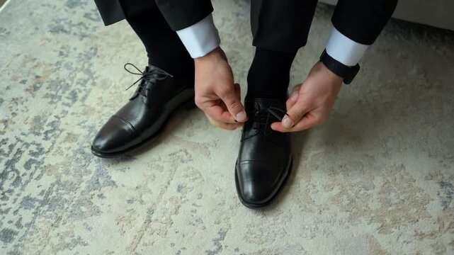 Groom tying laces of his formal black shoes while getting ready, capturing a calm and elegant wedding preparation moment.