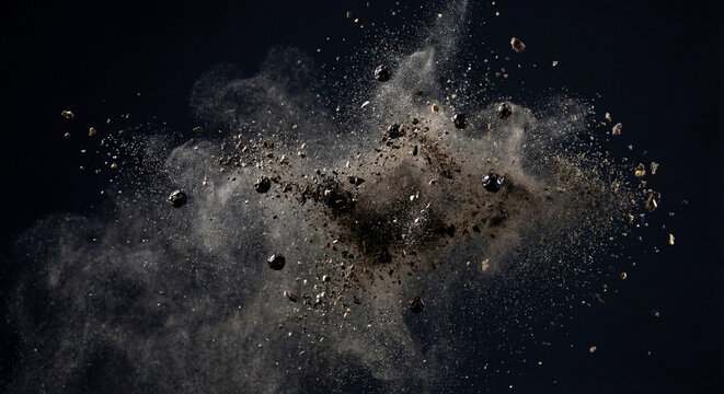 Abstract gray concrete or cement powder explosion cloud against black background showing industrial texture and particles