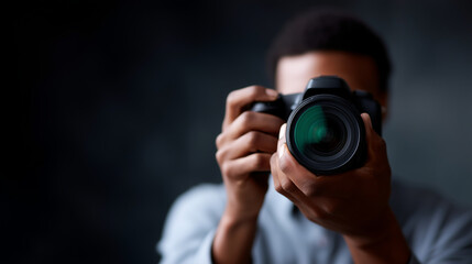Fototapeta premium A professional photography concept image featuring a photographer holding a DSLR or mirrorless camera directly toward the viewer, with the large camera lens dominating the frame an