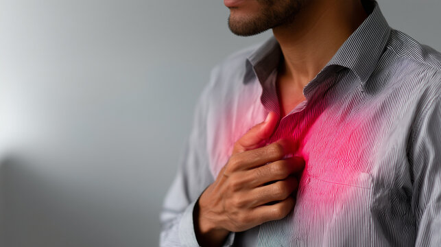 A powerful medical awareness concept image showing the upper torso of an adult man against a neutral light gray background, captured from the neck to the waist, with one hand cover