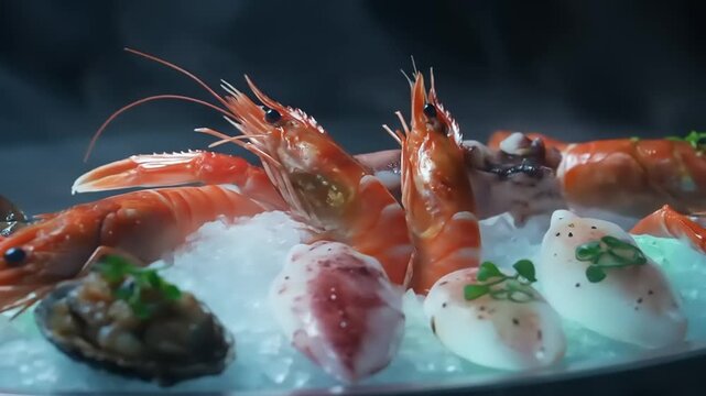 Exquisite Seafood Platter Display with Shrimps, Scallops, and Abalone on Ice
