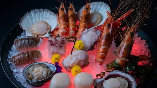Exquisite Seafood Platter on Ice with Scallops, Prawns, and Abalone Under Dramatic Lighting