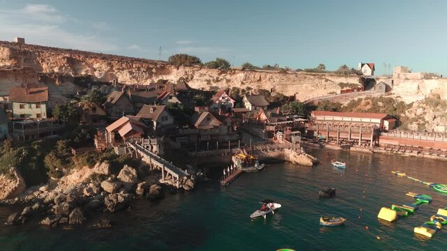 Popeye Village on Malta during golden Hour - Drone