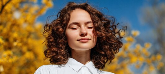 Woman with curly hair and sunglasses standing in front of yellow flowers under a blue sky.