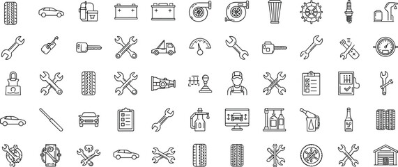 Automotive repair icons, editable stroke, car parts sketch, garage outline, black and white, vector illustration