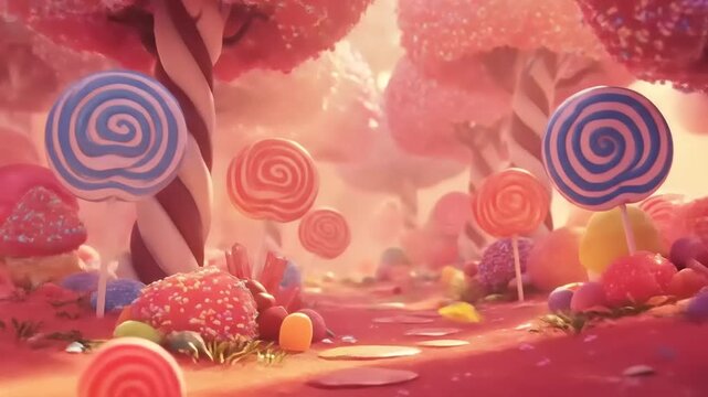 Fantasy Candy Land Animated Background Loop Featuring Lollipops, Gumdrops, and Candy Trees