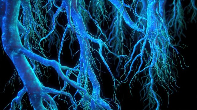 Abstract Glowing Root Network with Blue Biologic Energy on Black Background