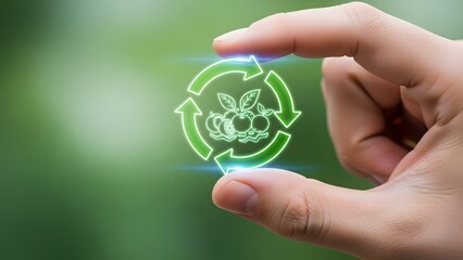 Hand holding a glowing green recycling symbol with leaves, symbolizing environmental sustainability and eco-friendly practices