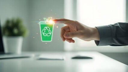 Recycling Icon with Finger Touch Indicating Environmental Responsibility and Sustainable Practices