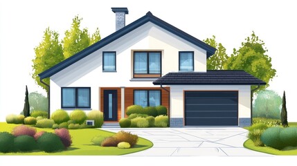Modern house illustration with garage surrounded by greenery on white background
