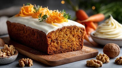 Carrot cake loaf with walnuts and grated carrot curls on white surface
