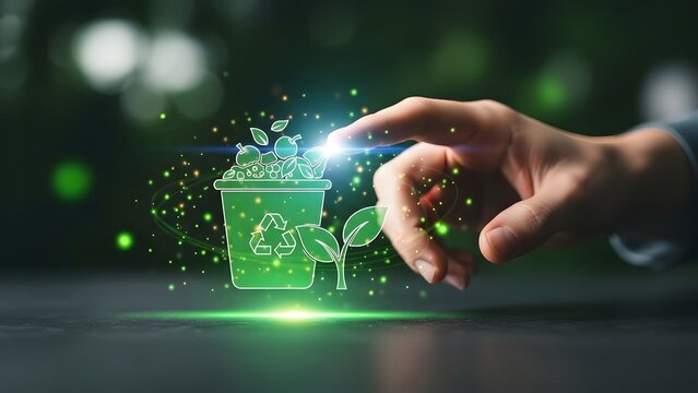 Digital concept of human hand interacting with a glowing eco-friendly recycling bin and plant, symbolizing environmental conservation, sustainable technology, and a green future for the planet - Powered by Adobe
