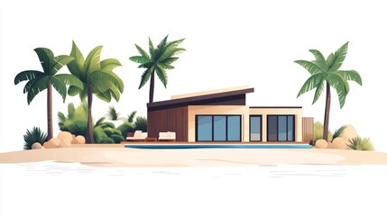 Fototapeta premium Modern house with palm trees and pool in a tropical environment