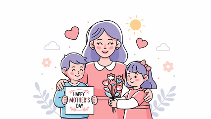 Happy Mother's Day Illustration with Mom and Children.