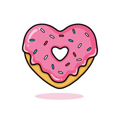 Cute Lineart Pink Glazed Heart Shaped Donut with Sprinkles Food Illustration
