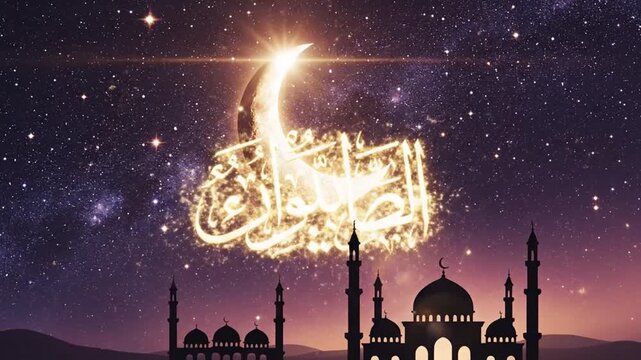 Night sky and moon above mosque silhouette celestial and spiritual conceptual design