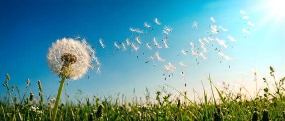 White dandelion seeds blowing in the wind across a sunny green meadow under a blue sky.