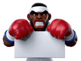 Cartoon boxer holding blank sign with fierce expression