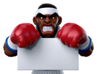 Cartoon boxer holding blank sign with fierce expression