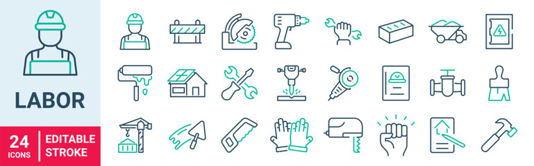 Labor web line editable icon set. Contains icons related to labor, construction, labour day, renovation, and more. Vector illustration.