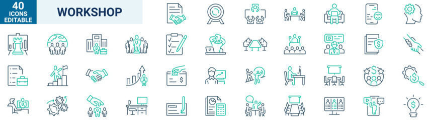 Workshop web icons in line style. Business. Containing team building, teamwork, coaching, meeting, managing, coaching.