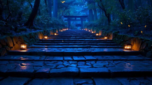 灯りに浮かぶ石段と、奥に見える寺院の静かな夜の景色