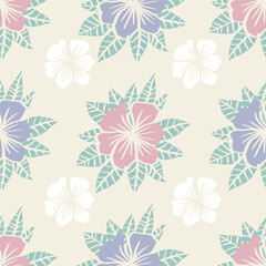 Seamless pattern with hibiscus flowers and leaves in pastel colors. Vector illustration.