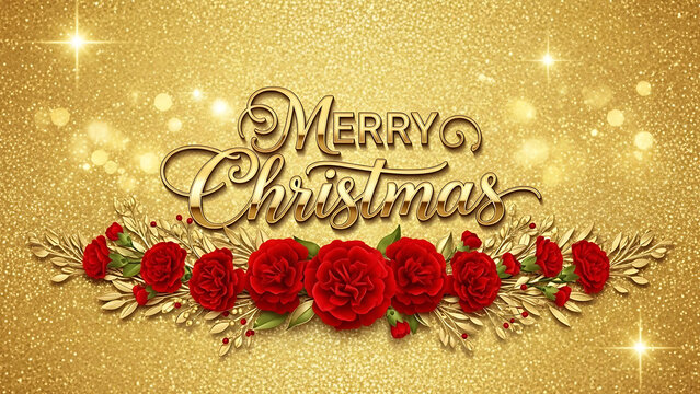 Elegant merry christmas greeting card with golden glitter background and red flowers - Powered by Adobe