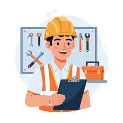 Smiling Construction Worker Holding Clipboard.