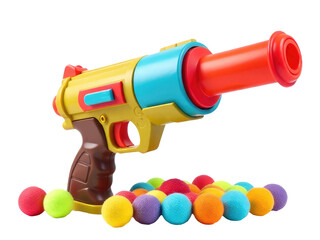 A toy gun surrounded by a pile of colorful balls, great for playtime or creative photography