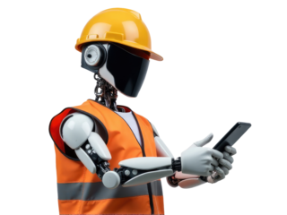 A robot wearing a safety vest holds a cell phone, ready for action