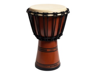 A traditional African drum with a black wrap around the barrel, ready for music and rhythm