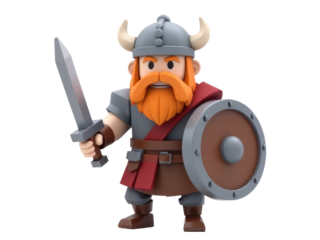 A brave cartoon viking warrior holding a sword and shield, ready for battle