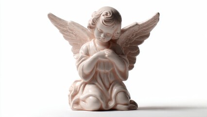 Porcelain angel rests thoughtfully on white surface

