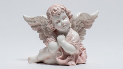 Porcelain angel rests thoughtfully on white surface

